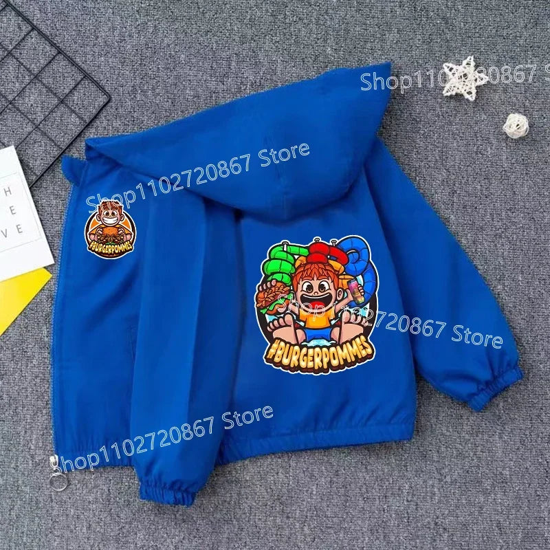 Burgerpommes Icrimax Kid Jacket Boy Anime Cartoon Windbreaker Hooded Trendy Cool Waterproof Top Coat Children's Clothing Gifts
