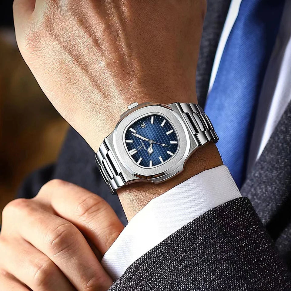 POEDAGAR Luxury Watch Business 50 ATM Waterproof Male Clock Luminous Date Stainless Steel Square Quartz Men Watches reloj hombre