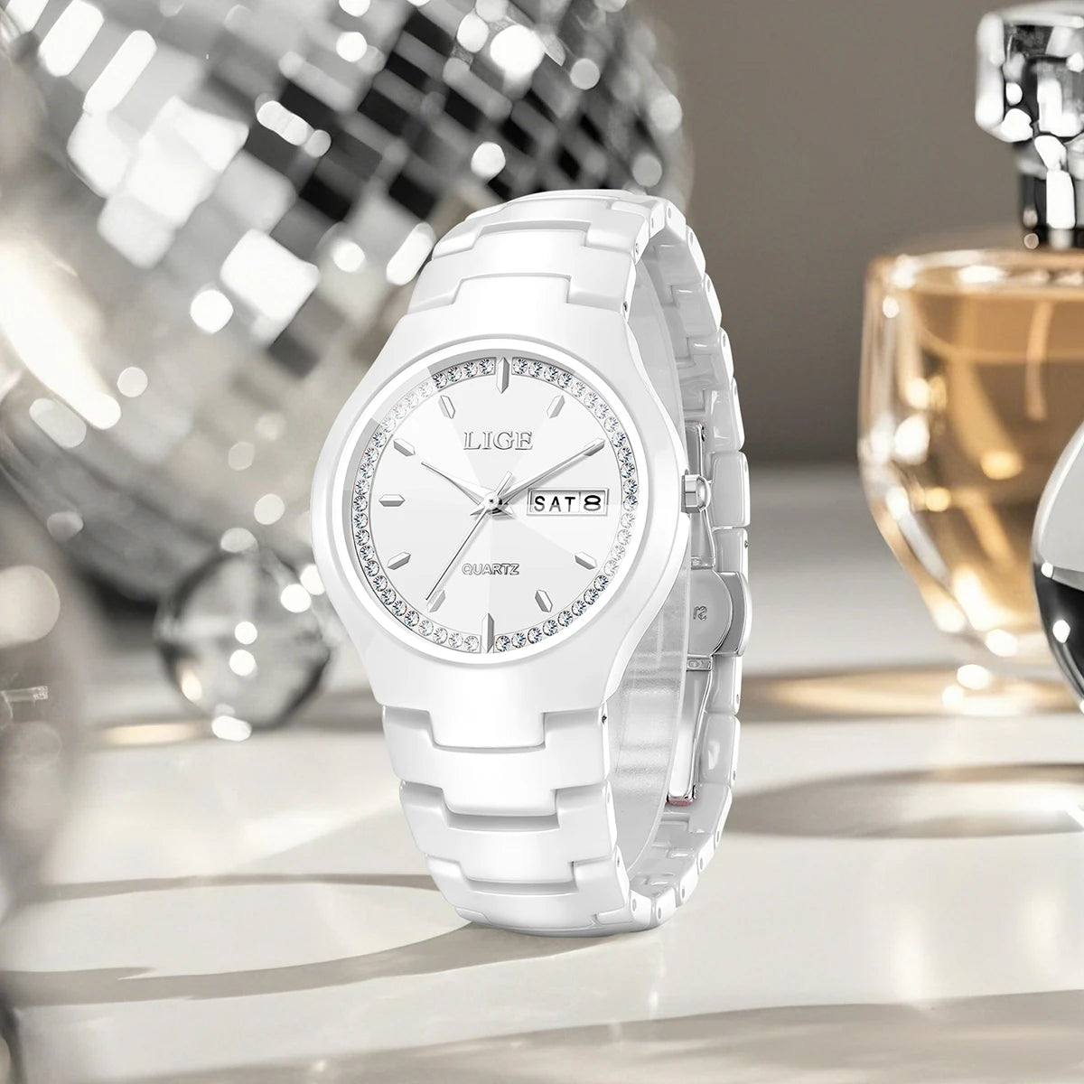 LIGE Fashion Luxury Woman Watch Elegant Top Brand Ceramics Diamond Waterproof Week Calendar Ladies Quartz Watches for Women+Box
