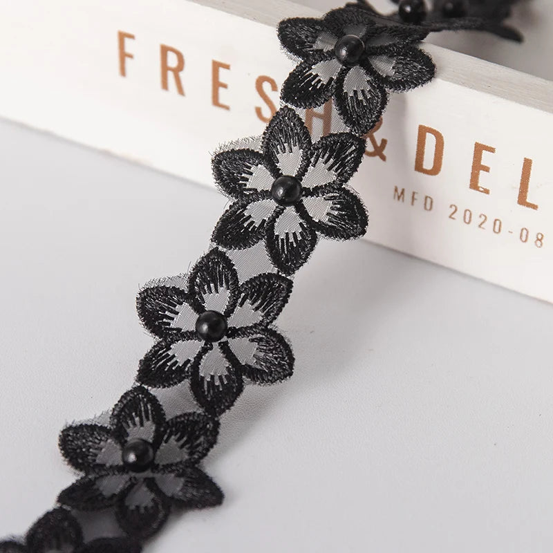 1Meter Flower Pearl Beaded Embroidered DIY Lace Ribbon Trim 35mm Wide Fringe African Lace Fabric Handmade Dress Sewing Supplies