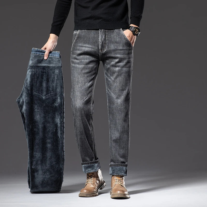2024 New Men's Clothing Casual Jeans Winter New Fleece Pants Thick Warm Fashion Straight Fit Male Denim Trousers