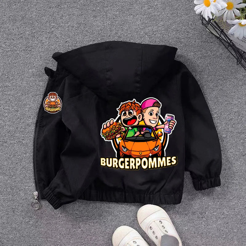 Burgerpommes Icrimax Kid Jacket Boy Anime Cartoon Windbreaker Hooded Trendy Cool Waterproof Top Coat Children's Clothing Gifts