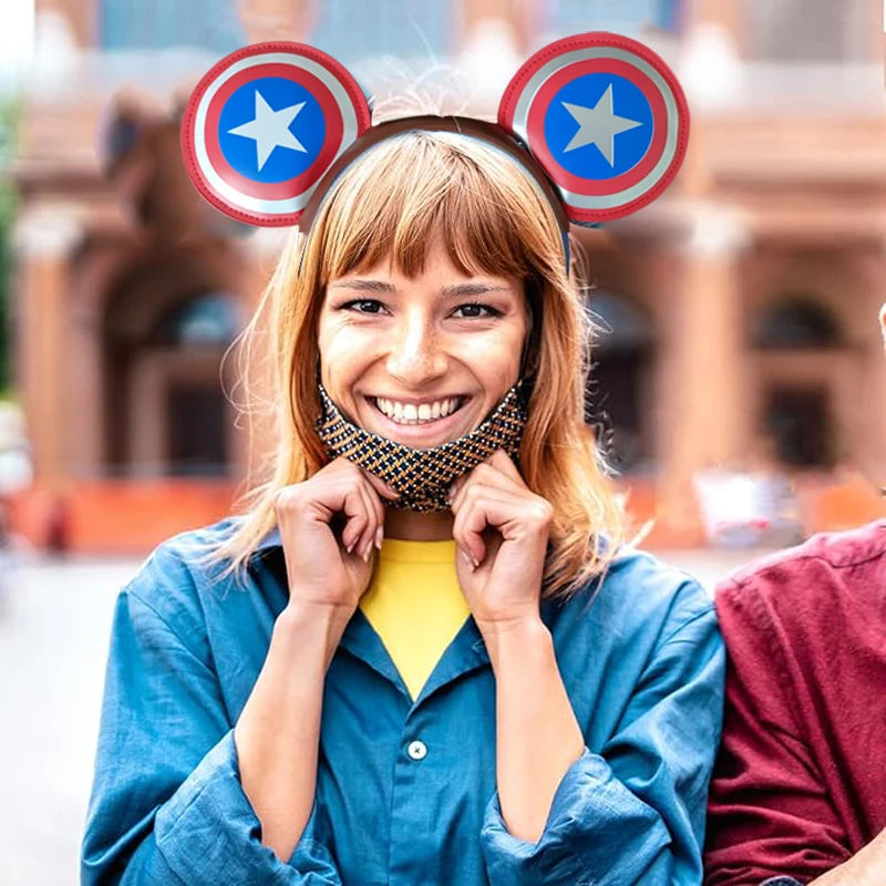 Disney Captain America Shield Mickey Mouse Ear Headband PU Leather Disneyland Mickey Adult/Child Cosplay Girl Accessorie