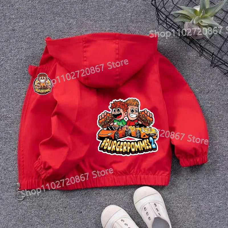 Burgerpommes Icrimax Kid Jacket Boy Anime Cartoon Windbreaker Hooded Trendy Cool Waterproof Top Coat Children's Clothing Gifts