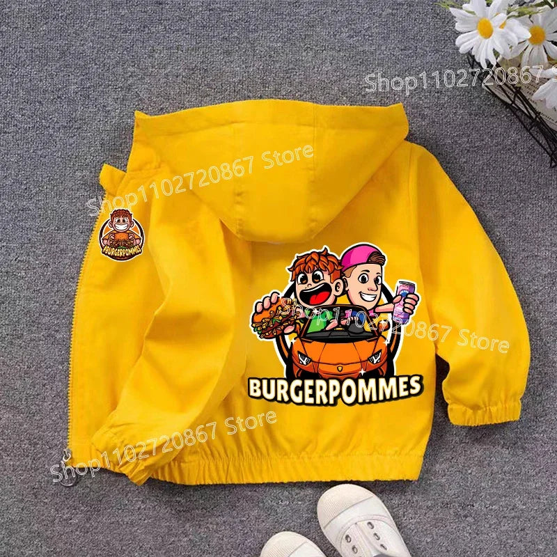 Burgerpommes Icrimax Kid Jacket Boy Anime Cartoon Windbreaker Hooded Trendy Cool Waterproof Top Coat Children's Clothing Gifts