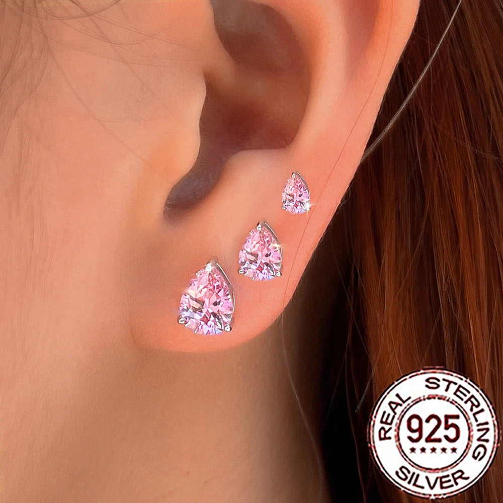 QooLady S925 Sterling Silver Shiny Cubic Zirconia Water Drop Stud Earrings for Women Trendy Party Jewelry Accessories Gift SE127