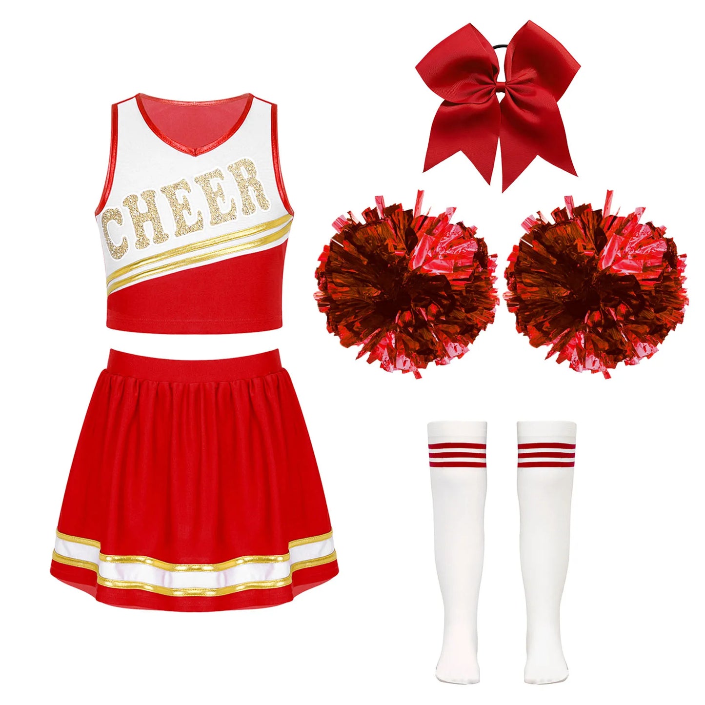 Cheerleader Costume Girls Kids Cheerleading Dance Dresses Pom Pom and Socks Set Cheer School Cosplay Carnival Halloween Clothes
