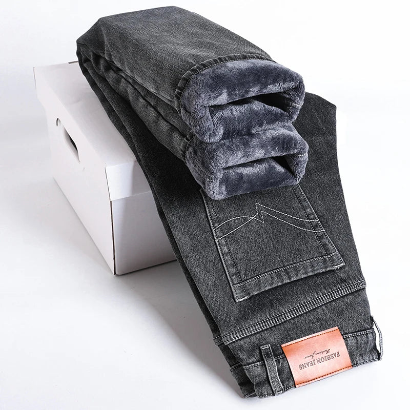 2024 New Men's Clothing Casual Jeans Winter New Fleece Pants Thick Warm Fashion Straight Fit Male Denim Trousers
