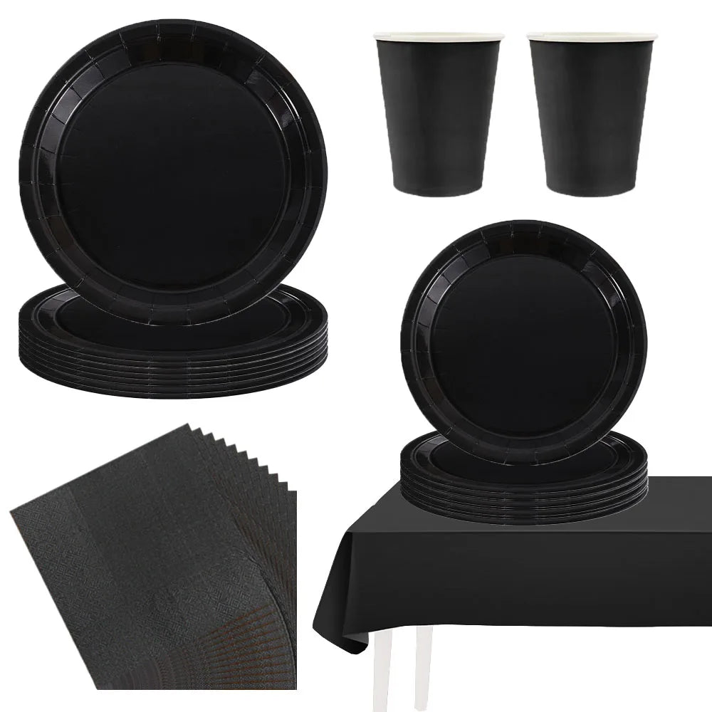 Simple Black Birthday Party Decoration Single theme Boda 20 piece Disposable Tableware Set Plates Cups Papers Tablecloth