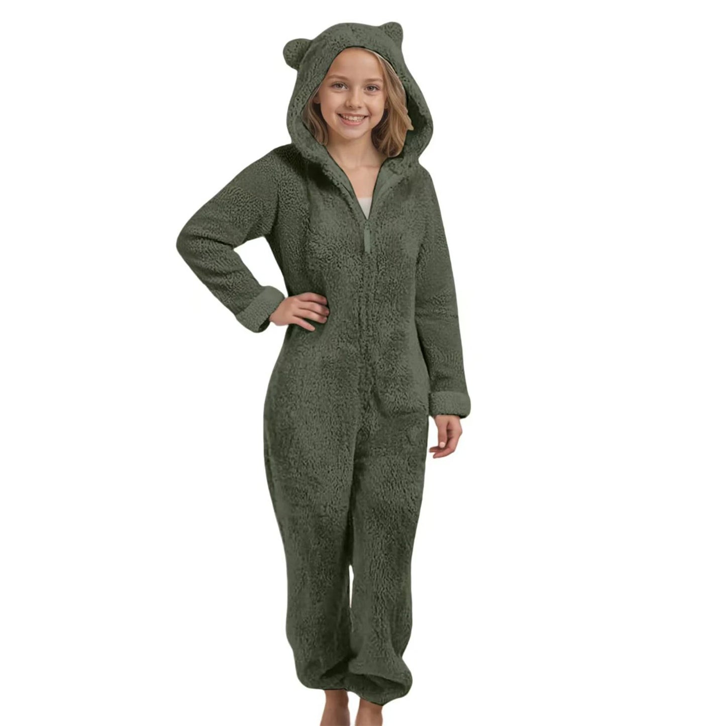 Autumn Winter Children's Boys Girls Thickened Hooded Jumpsuit Pajamas Cute Hooded Long Sleeved Zipper Plush Warm Home Clothes