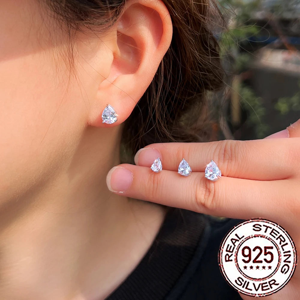 QooLady S925 Sterling Silver Shiny Cubic Zirconia Water Drop Stud Earrings for Women Trendy Party Jewelry Accessories Gift SE127
