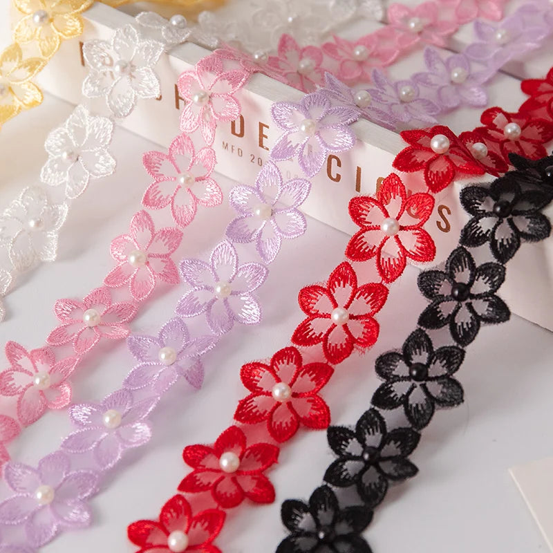 1Meter Flower Pearl Beaded Embroidered DIY Lace Ribbon Trim 35mm Wide Fringe African Lace Fabric Handmade Dress Sewing Supplies