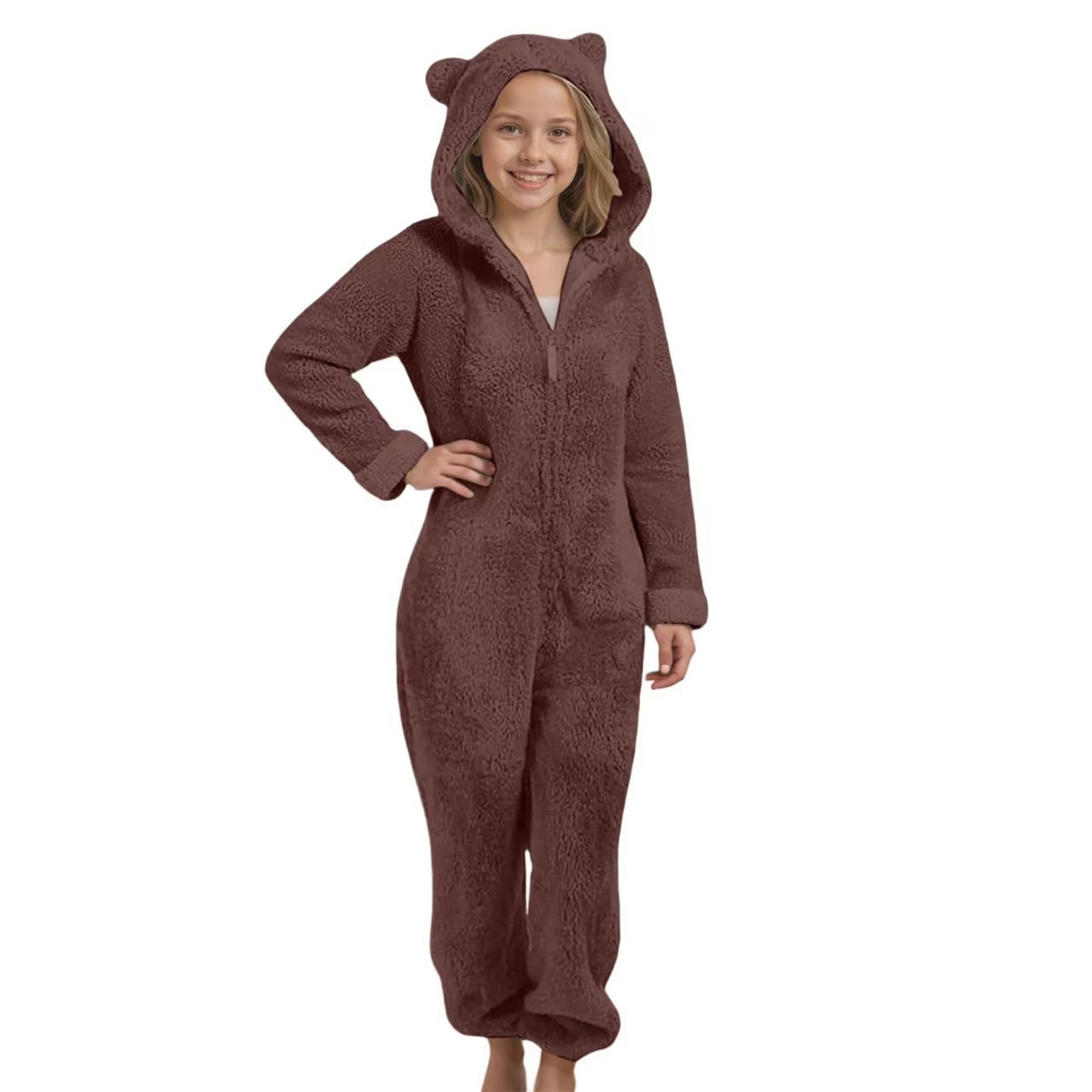 Autumn Winter Children's Boys Girls Thickened Hooded Jumpsuit Pajamas Cute Hooded Long Sleeved Zipper Plush Warm Home Clothes