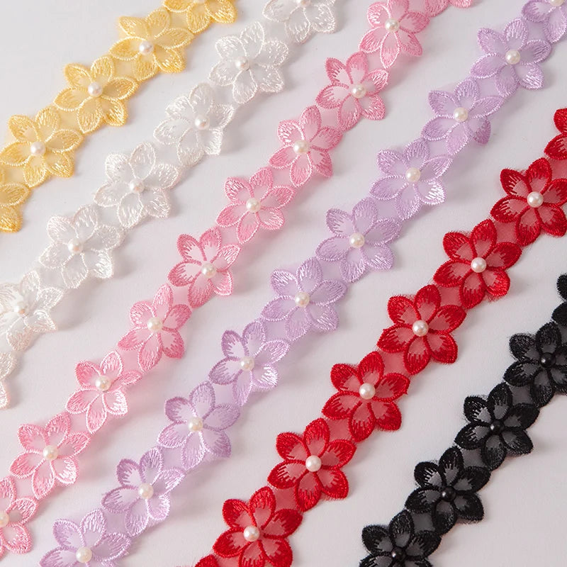 1Meter Flower Pearl Beaded Embroidered DIY Lace Ribbon Trim 35mm Wide Fringe African Lace Fabric Handmade Dress Sewing Supplies