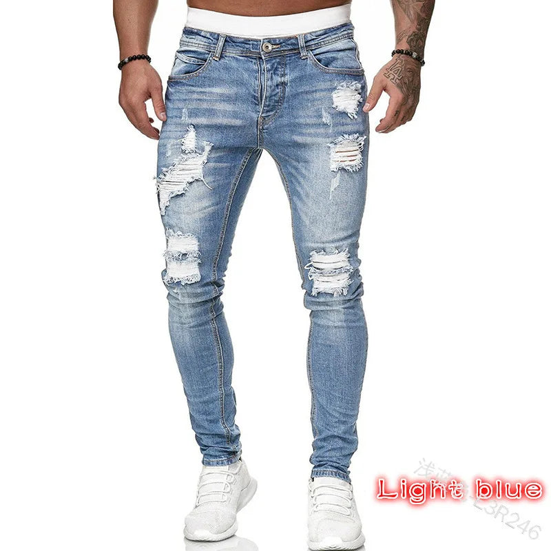 Mens Skinny Ripped jeans Slim scarification Blue Denim Pencil Pants Street hip-hop denim trousers fashion cowboy clothing men