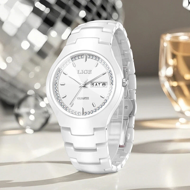 LIGE Fashion Luxury Woman Watch Elegant Top Brand Ceramics Diamond Waterproof Week Calendar Ladies Quartz Watches for Women+Box