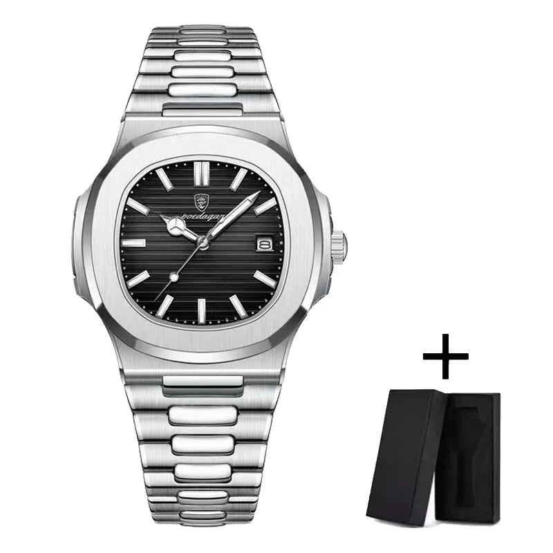 POEDAGAR Luxury Watch Business 50 ATM Waterproof Male Clock Luminous Date Stainless Steel Square Quartz Men Watches reloj hombre