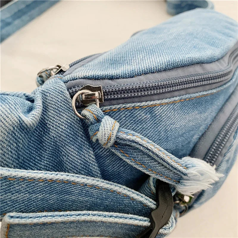 Denim Zipper Waist Packs 2025 Hot Selling Nylon Solid Color Neutral Style Casual Chest Bag Soft Versatile Simple Crossbody Bag