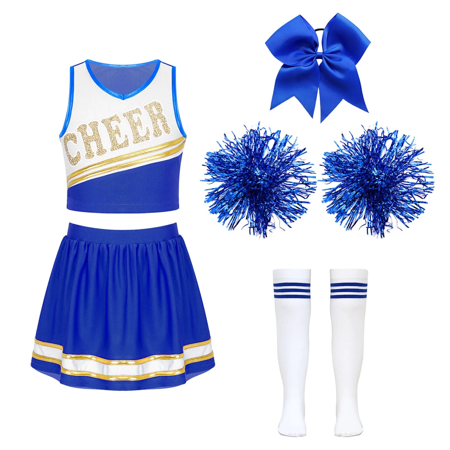 Cheerleader Costume Girls Kids Cheerleading Dance Dresses Pom Pom and Socks Set Cheer School Cosplay Carnival Halloween Clothes