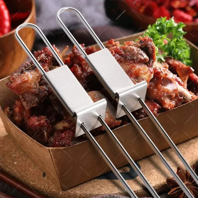 1PC Stainless Steel Double Needle Barbecue Skewers with Self Push Plate Barbecue Forks Outdoor Home BBQ Accessories Picnic