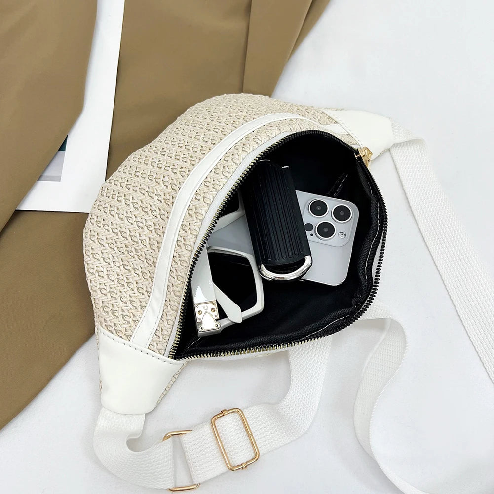 Boho Braided Fanny Pack Patchwork Straw Beach Bag for Women's Summer Hand-Woven Bum Bag Adjustable Strap Crossbody Shoulder Bags