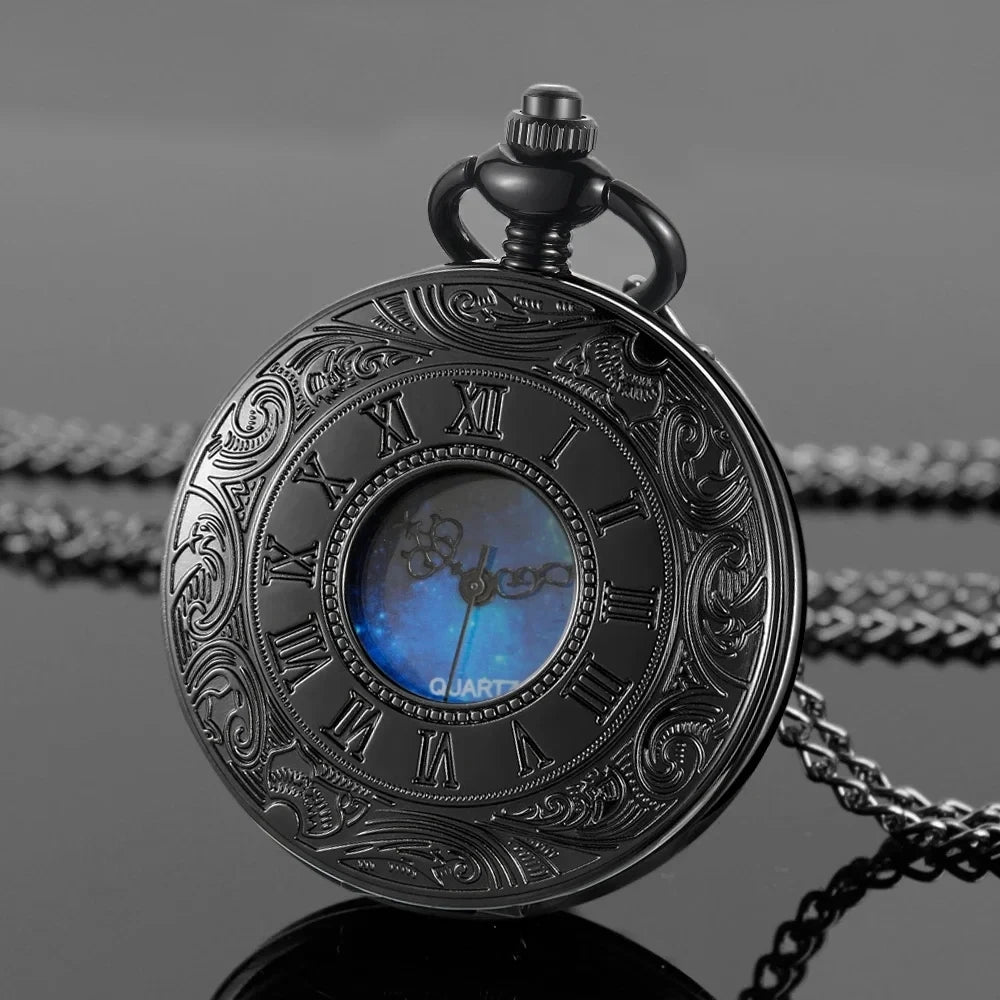 Special Antique Design Blue Dial Quartz Pocket Watch Vintage Necklace Pendant Clock Men's and Women's Best Holiday Gift