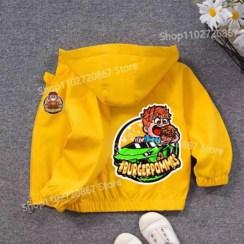Burgerpommes Icrimax Kid Jacket Boy Anime Cartoon Windbreaker Hooded Trendy Cool Waterproof Top Coat Children's Clothing Gifts