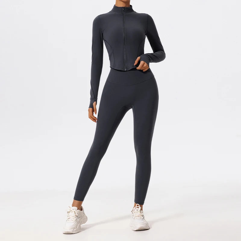 Hearuisavy Ultra-Soft Fabrics 2Pcs Long Sleeve Gym Set Women Quick-Dry Yoga Clothes Workout Leggings Suit Sports Jackets Women