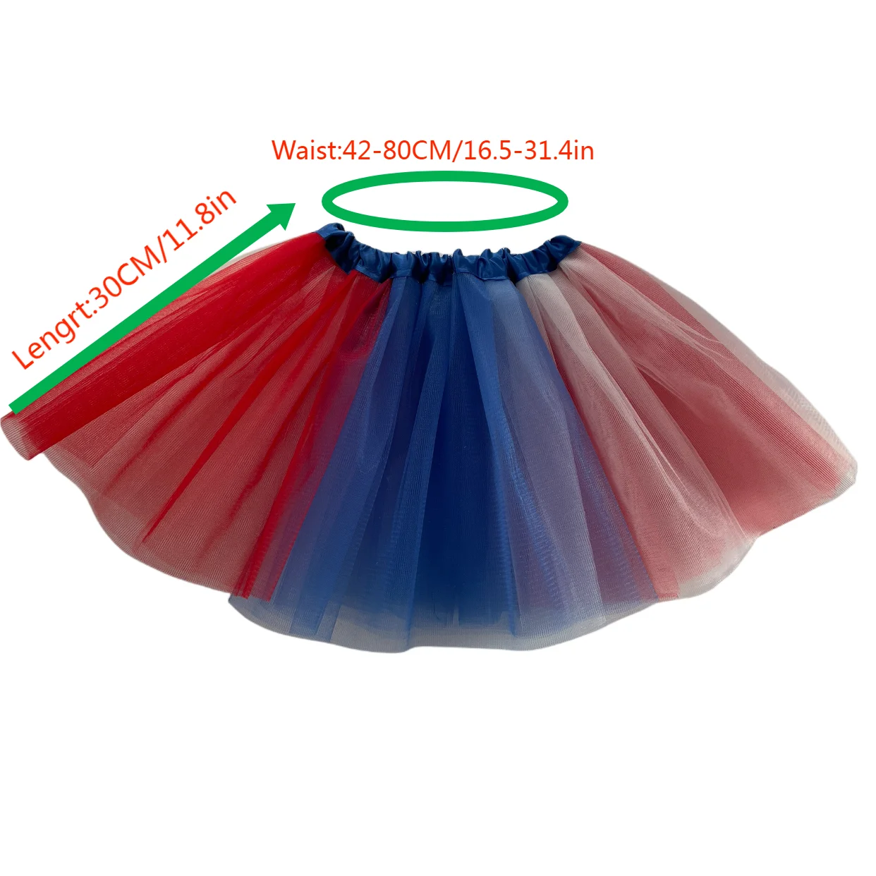 Children's mesh TUTU skirt, red, white, and blue color combination for holiday celebrations and dance performances