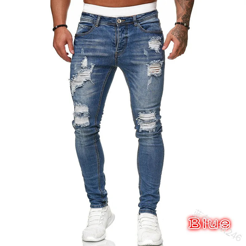Mens Skinny Ripped jeans Slim scarification Blue Denim Pencil Pants Street hip-hop denim trousers fashion cowboy clothing men