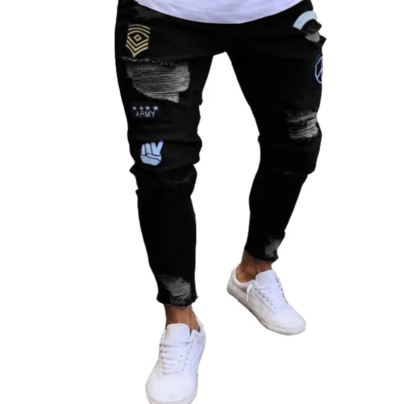 Mens Skinny Ripped jeans Slim scarification Blue Denim Pencil Pants Street hip-hop denim trousers fashion cowboy clothing men
