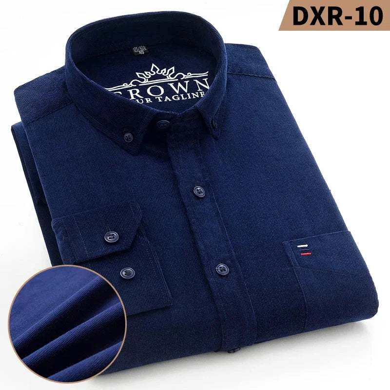 2023 Cotton Corduroy Autumn Winter Long Sleeve Regular Fit Mens Casual Shirt Warm Solid Men's Shirts With Pokets