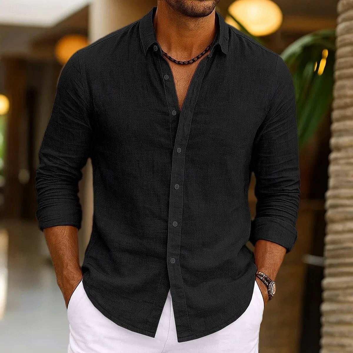 Men's Linen Shirt Summer Beachwear Button Solid Color Cotton Linen Long Sleeve Shirt Vacation Men's Clothing Fast Shipping