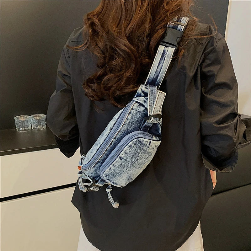 Denim Zipper Waist Packs 2025 Hot Selling Nylon Solid Color Neutral Style Casual Chest Bag Soft Versatile Simple Crossbody Bag