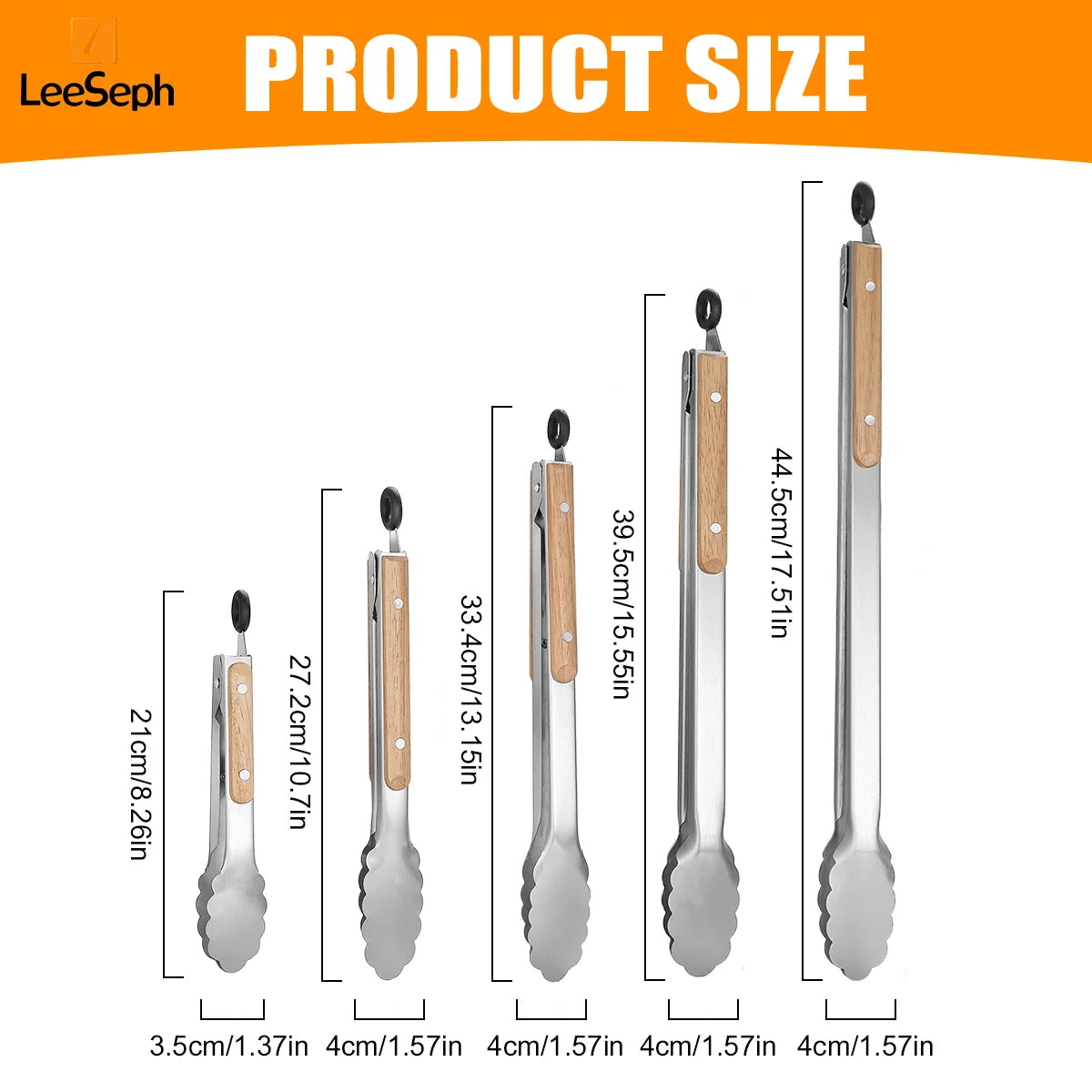 Leeseph Stainless Steel Food Tongs, Heavy Duty Kitchen Tongs with Wooden Handle for Cooking, Grilling and BBQ, 7-16 Inch Length
