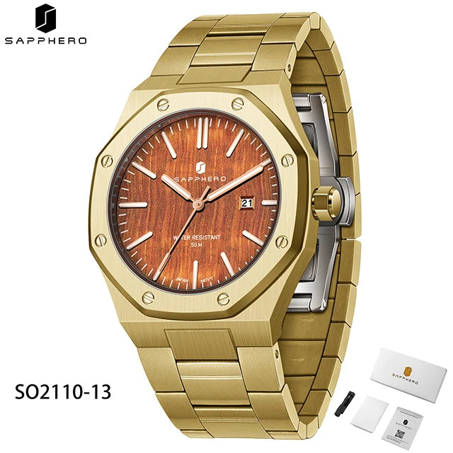 SAPPHERO Men's Watch, Stainless Steel Strap, Water-Resistant Design, Automatic Calendar, Festive Gifts, Exquisite Gift Box Clock