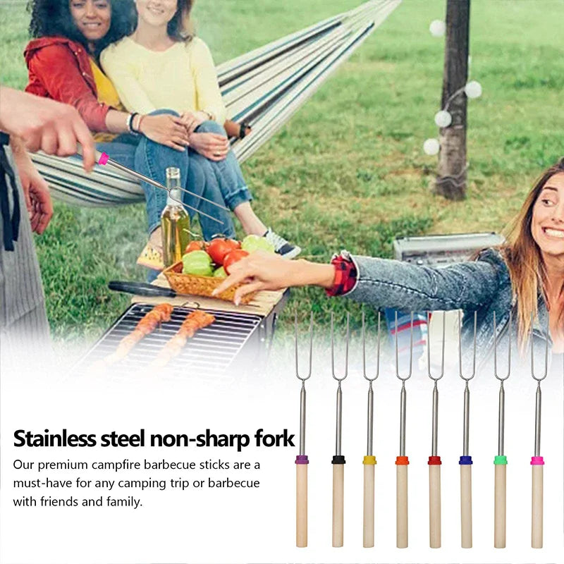 8Pcs Telescoping Barbecue Fork Stainless Steel Double Metal Skewers Roasting Stick Smores Skewer for Hot Dog BBQ Picnic Camping