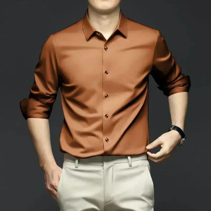 S-6XL Men's Long Sleeve Shirt Luxury Wrinkle Resistant Pure White Shirt Business Dress Casual Ice Silk Glossy Shirt