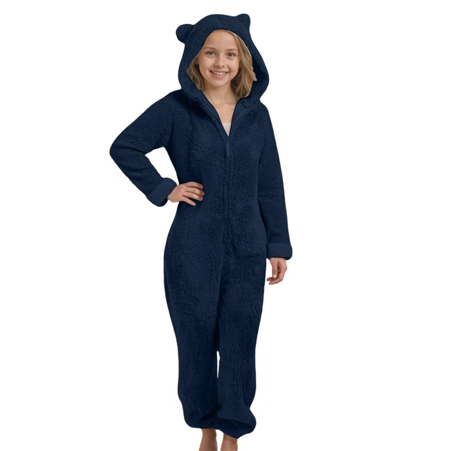Autumn Winter Children's Boys Girls Thickened Hooded Jumpsuit Pajamas Cute Hooded Long Sleeved Zipper Plush Warm Home Clothes