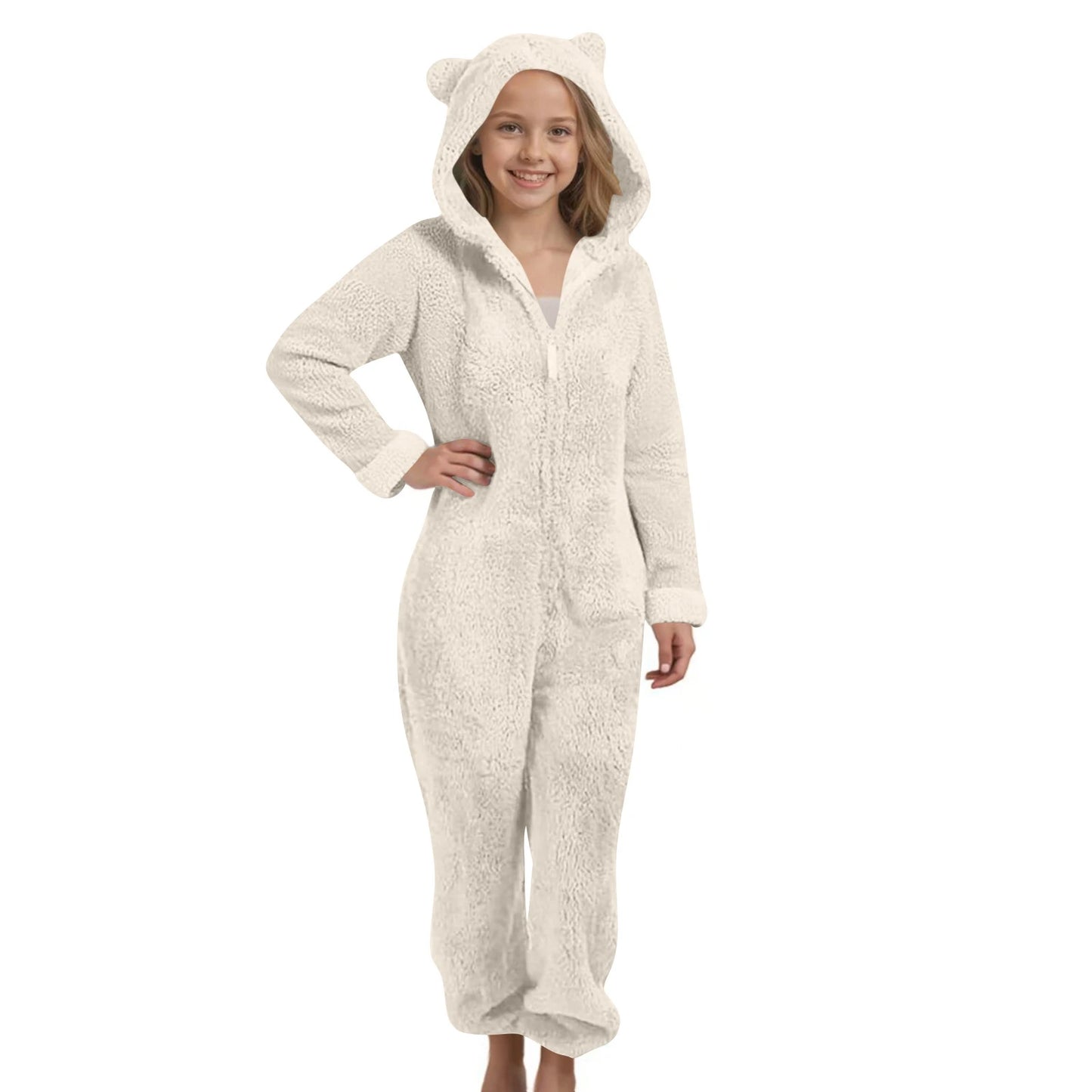 Autumn Winter Children's Boys Girls Thickened Hooded Jumpsuit Pajamas Cute Hooded Long Sleeved Zipper Plush Warm Home Clothes