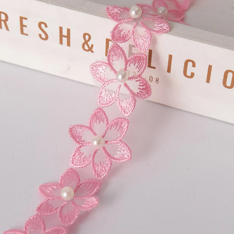 1Meter Flower Pearl Beaded Embroidered DIY Lace Ribbon Trim 35mm Wide Fringe African Lace Fabric Handmade Dress Sewing Supplies