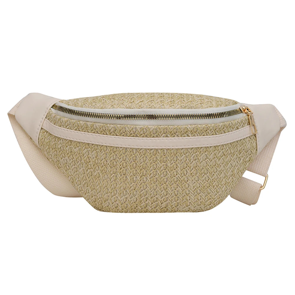 Boho Braided Fanny Pack Patchwork Straw Beach Bag for Women's Summer Hand-Woven Bum Bag Adjustable Strap Crossbody Shoulder Bags