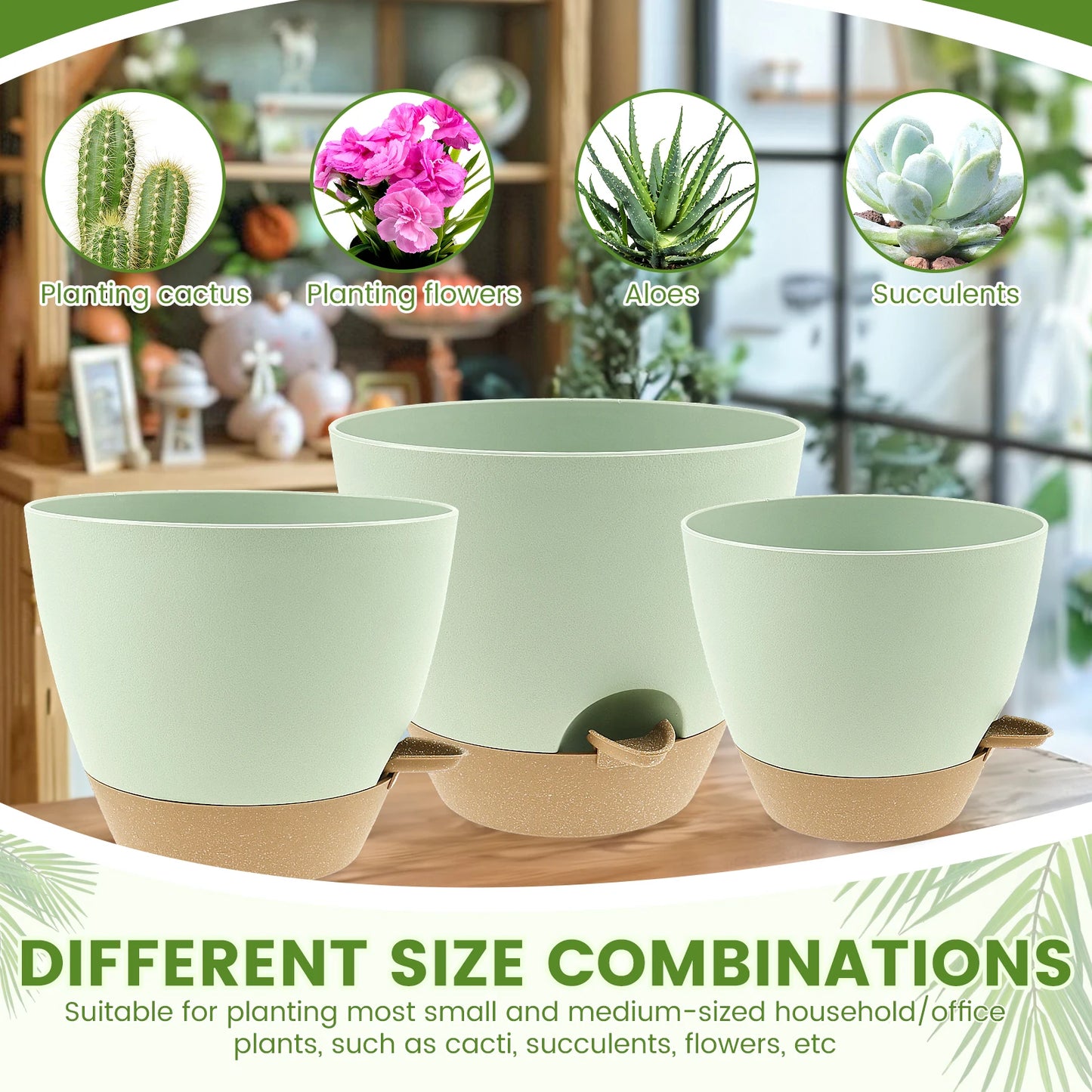 3Pcs Self Watering Flowerpot Plastic Planter with Drainage Holes 8/9/10 Inch Hanging Succulent Planter Pot Gardening Decoration