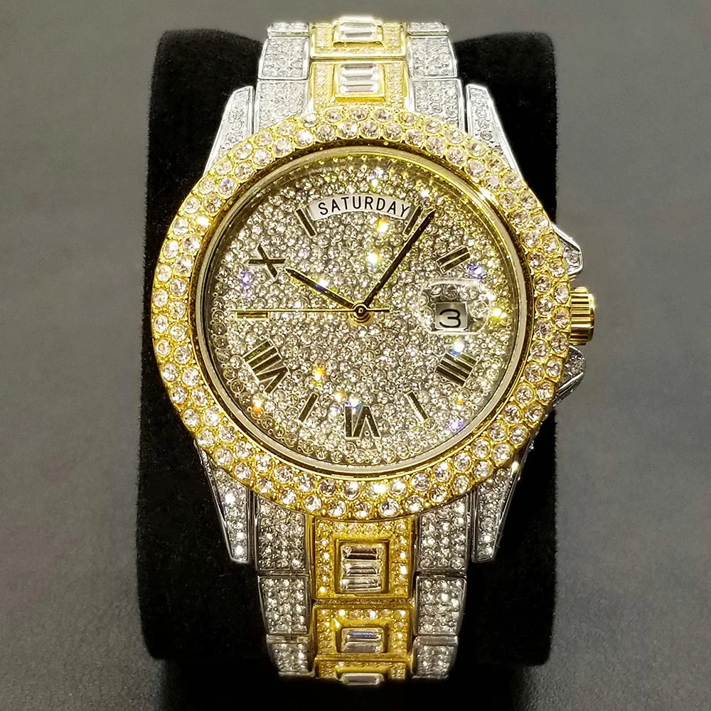 TikTok Hot Diamond Wristwatch For Men Luxury 18K Gold Plated Quartz Watches Day Date Nightclub Party Watch Unisex Rapper Jewelry