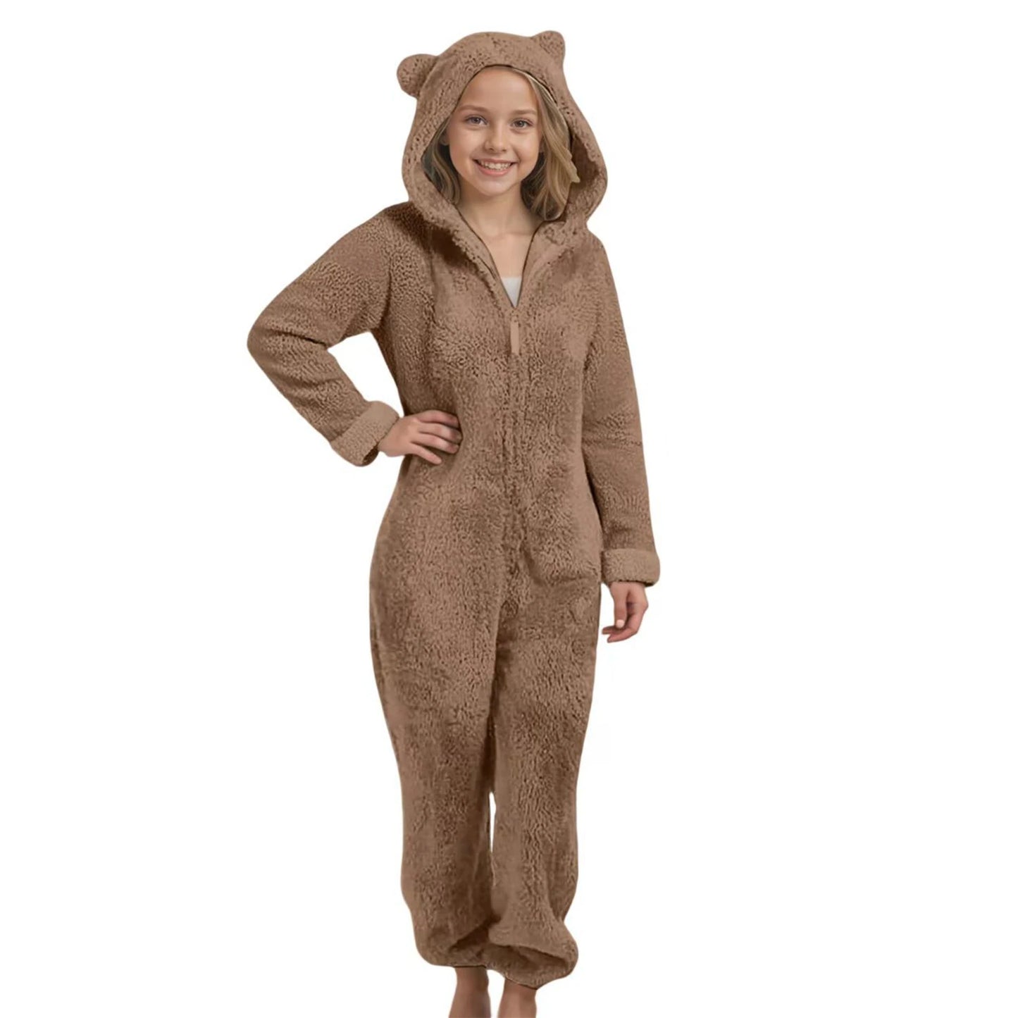 Autumn Winter Children's Boys Girls Thickened Hooded Jumpsuit Pajamas Cute Hooded Long Sleeved Zipper Plush Warm Home Clothes