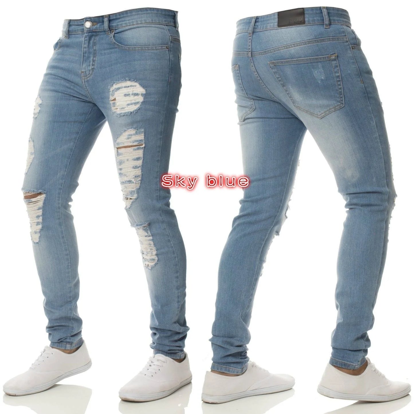 Mens Skinny Ripped jeans Slim scarification Blue Denim Pencil Pants Street hip-hop denim trousers fashion cowboy clothing men
