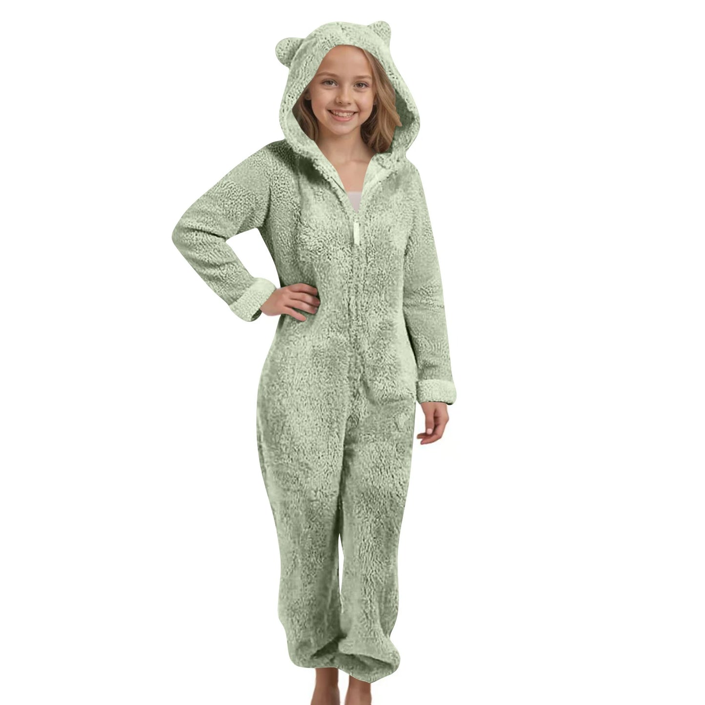 Autumn Winter Children's Boys Girls Thickened Hooded Jumpsuit Pajamas Cute Hooded Long Sleeved Zipper Plush Warm Home Clothes