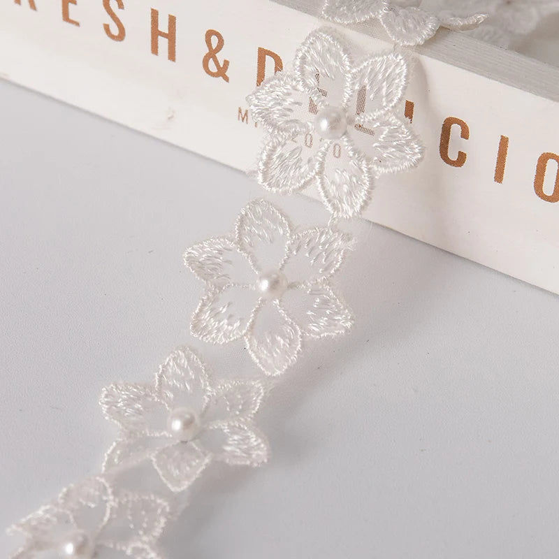 1Meter Flower Pearl Beaded Embroidered DIY Lace Ribbon Trim 35mm Wide Fringe African Lace Fabric Handmade Dress Sewing Supplies