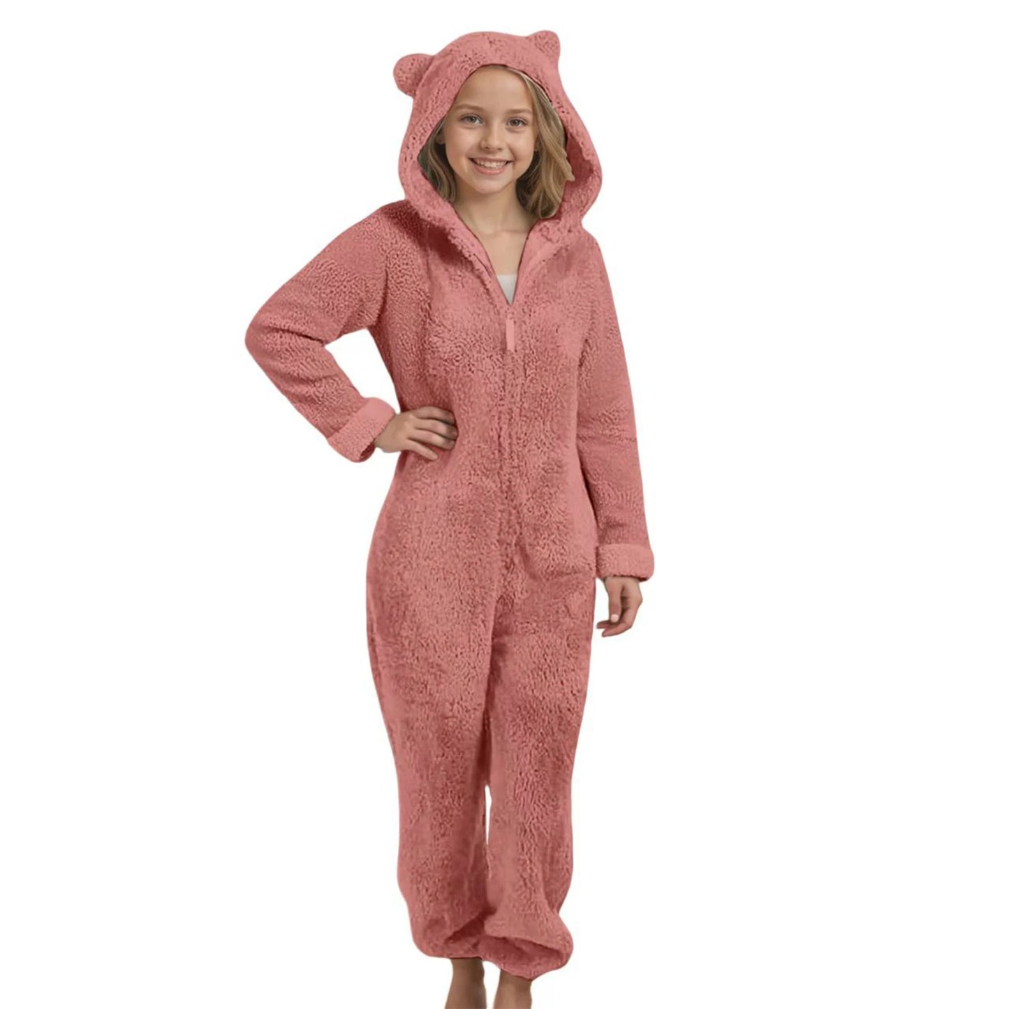 Autumn Winter Children's Boys Girls Thickened Hooded Jumpsuit Pajamas Cute Hooded Long Sleeved Zipper Plush Warm Home Clothes