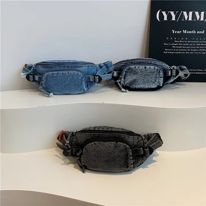 Denim Zipper Waist Packs 2025 Hot Selling Nylon Solid Color Neutral Style Casual Chest Bag Soft Versatile Simple Crossbody Bag